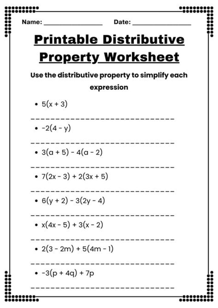 Free Distributive Property 7th Grade Worksheet PDF for Math Practice