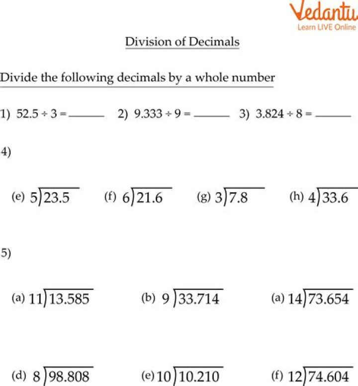 Dividing Decimals by Whole Numbers: Step-by-Step Examples with Answers PDF