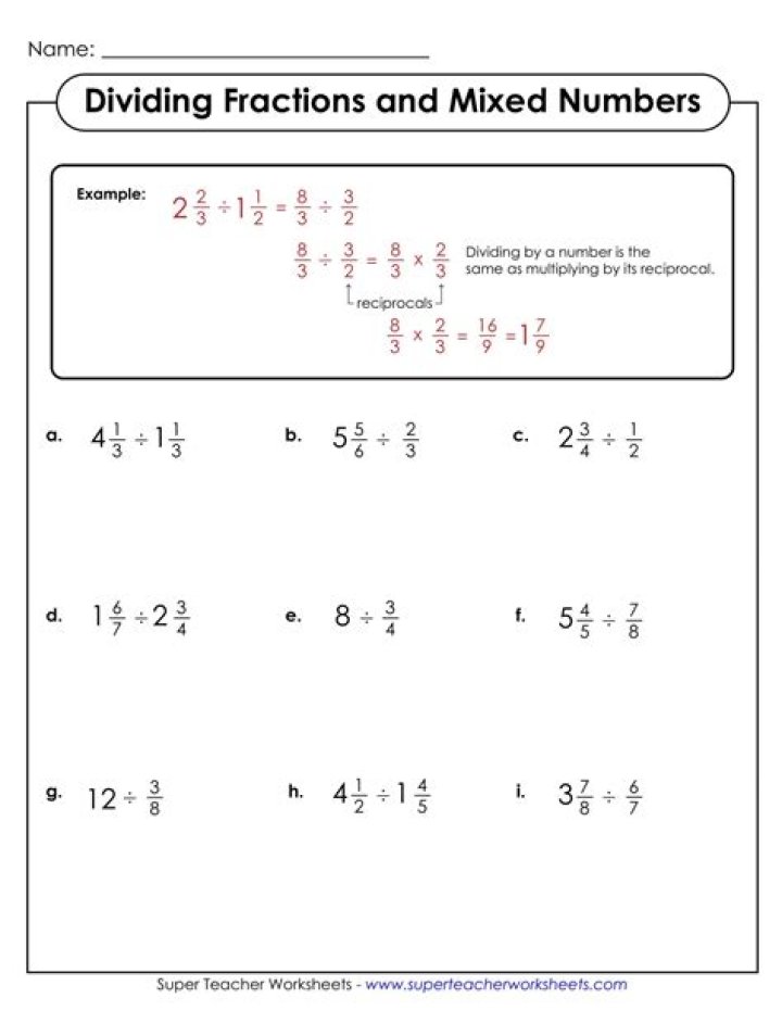 Dividing Fractions and Mixed Numbers Worksheets for 6th Grade – Downloadable PDF