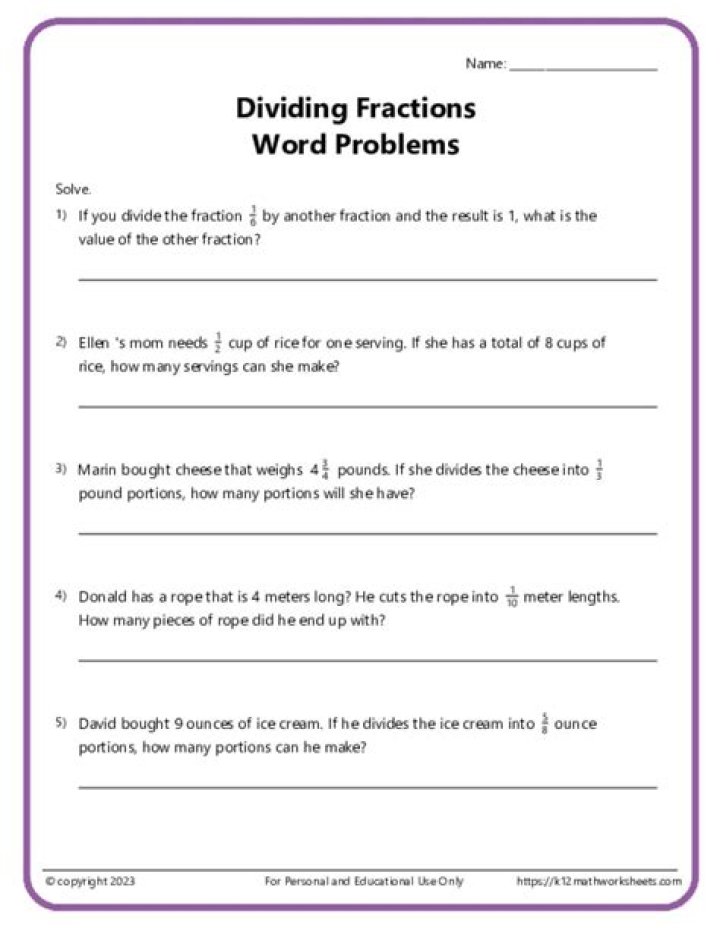 Divide Fractions by Fractions: Word Problems Worksheet PDF