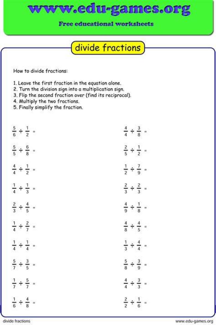 Download Free Dividing Fractions Worksheets PDF