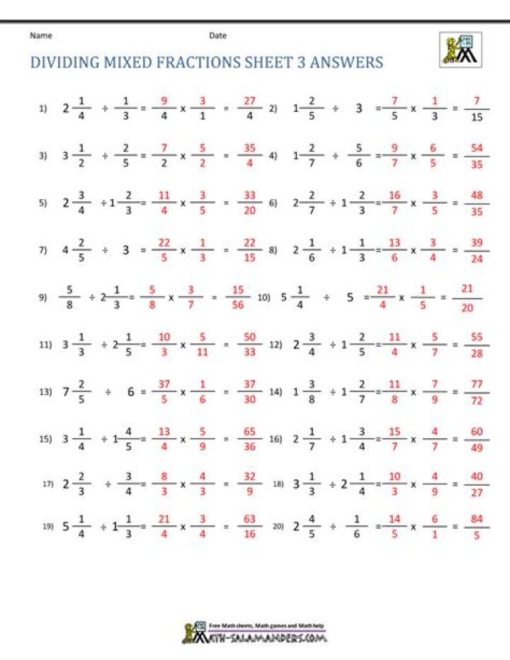 Download Free Dividing Mixed Fractions Worksheet PDF