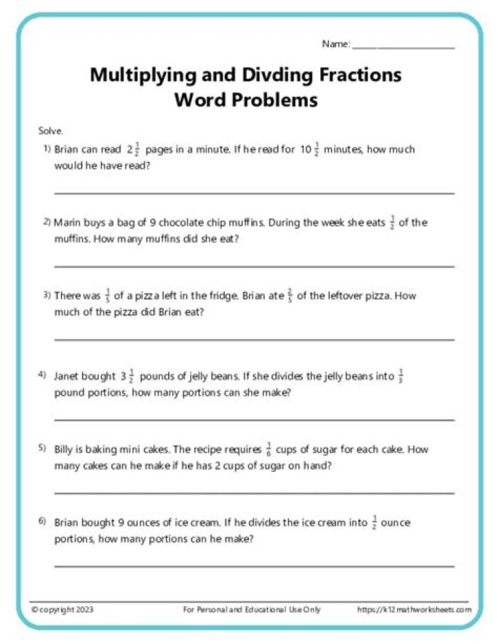 Division of Fractions Word Problems Worksheets PDF – Instant Practice