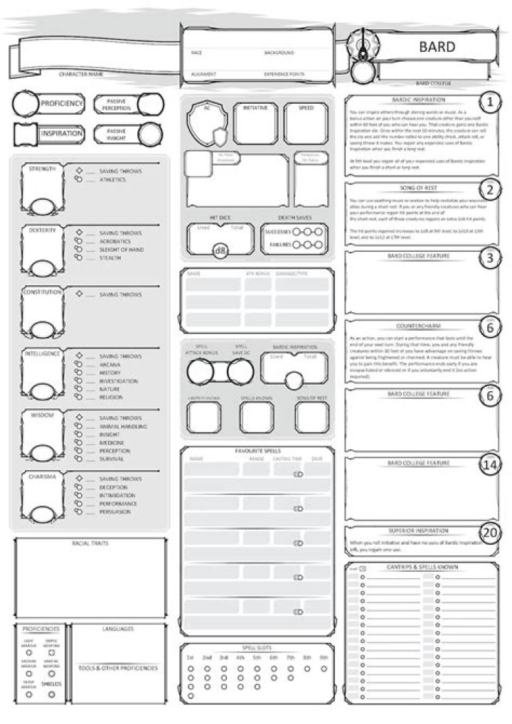Free D&D 5e Bard Character Sheet PDF for Easy Rolls