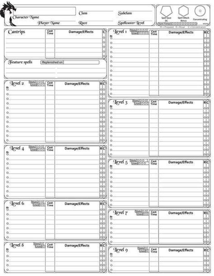 Fillable PDF DND 5e Spell Sheet for Tabletop RPGs
