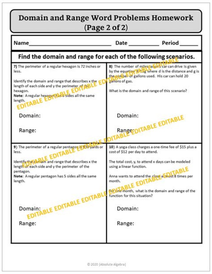 Domain and Range Word Problems Worksheet PDF for Math Practice