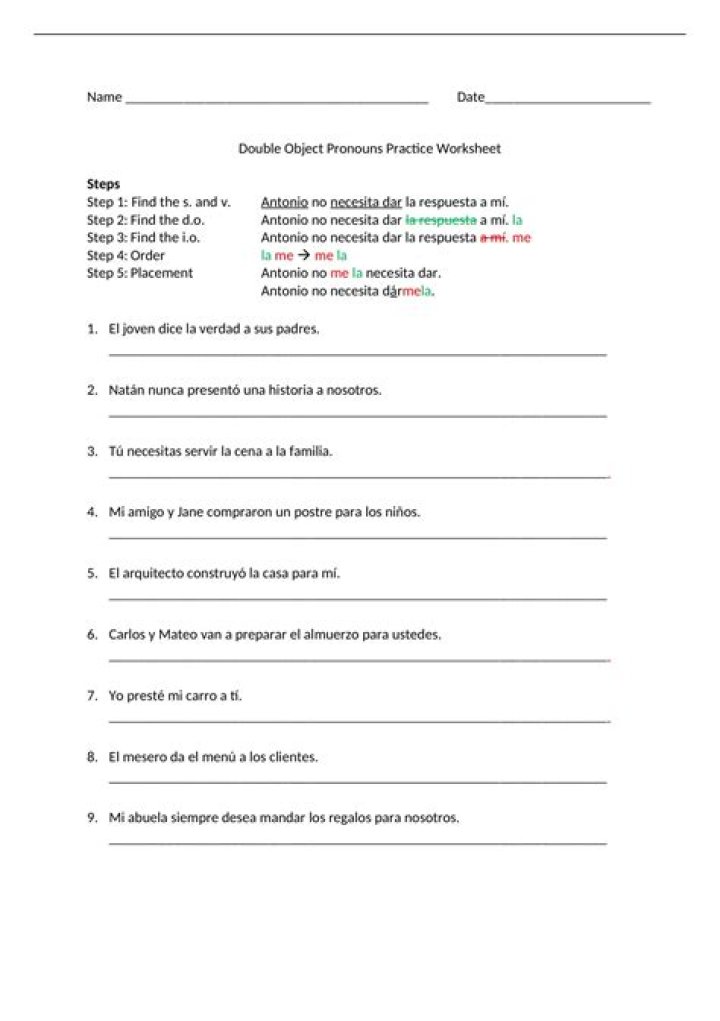 Double Object Pronouns Spanish Worksheet PDF – Instant Practice