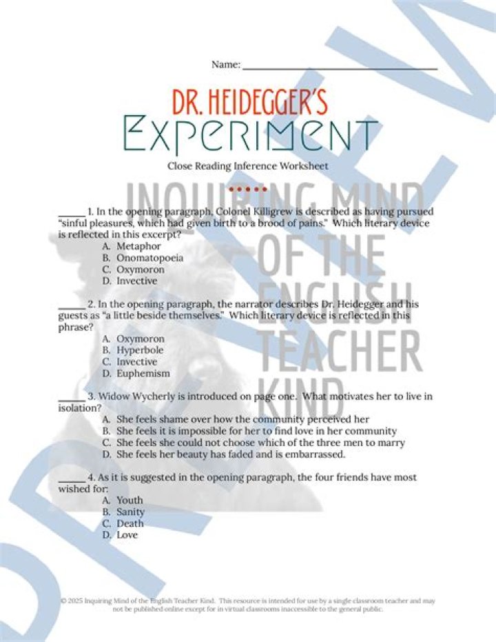 Dr Heidegger's Experiment Worksheet PDF Answer Key & Study Guide