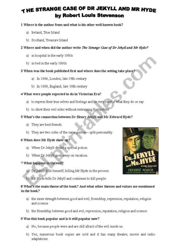 Dr. Jekyll and Mr. Hyde Worksheets PDF for Classroom Use