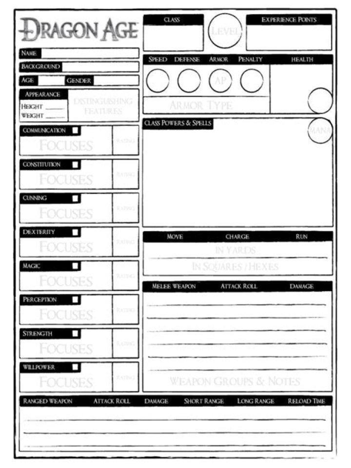 Download Dragon Age RPG Character Sheet PDF for Free