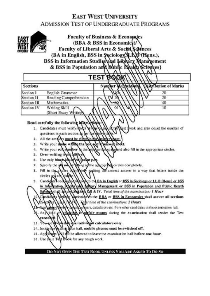East West University Admission Test Sample Questions PDF – Free Practice