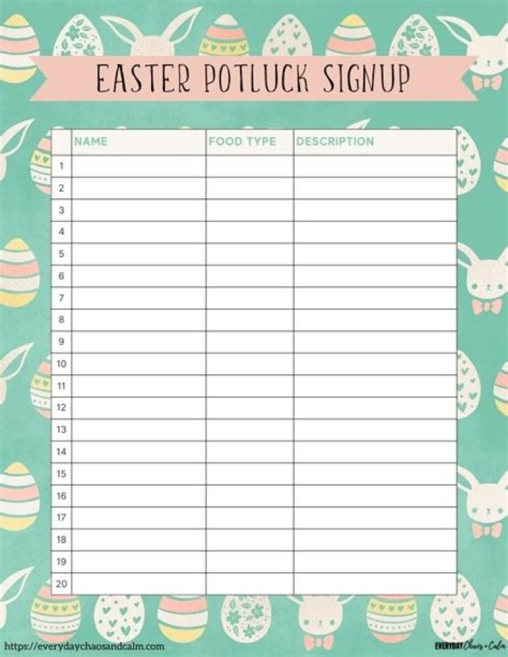 Free Printable Easter Potluck Sign Up Sheet PDF