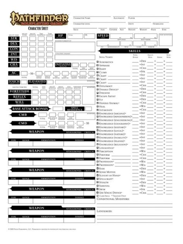 Editable PDF Pathfinder Character Sheet Template