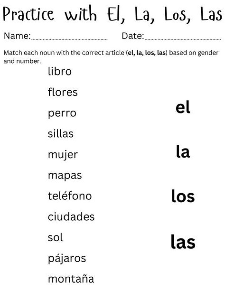 Free El La Los Las Spanish Vocabulary Worksheet PDF Download