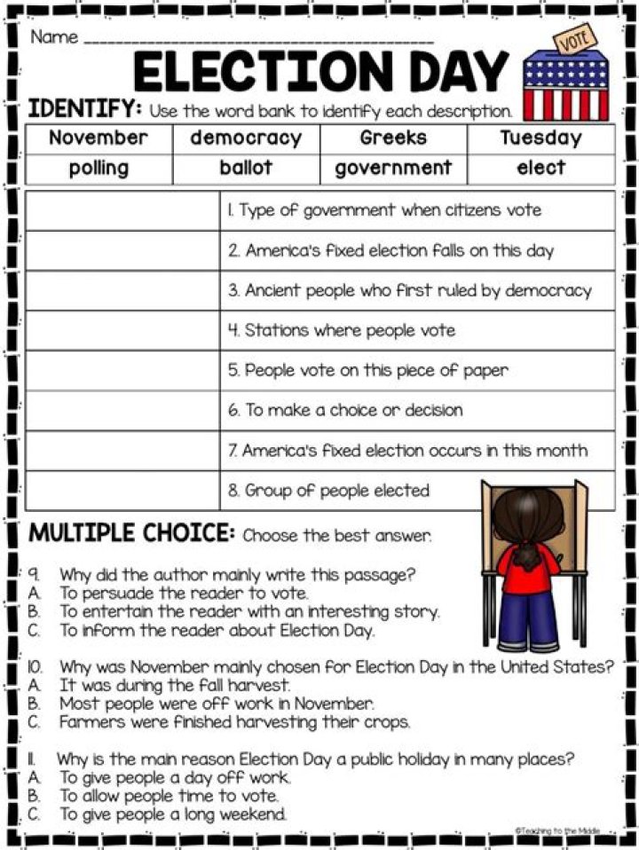 Election Day Reading Comprehension Worksheet PDF – Perfect for Classroom Use