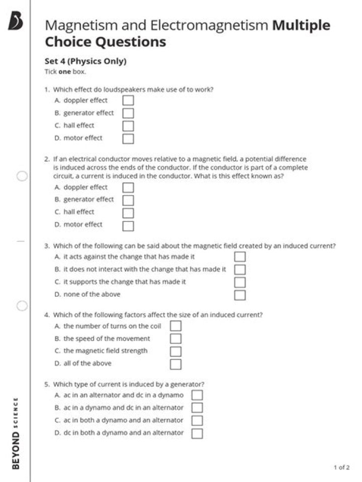 Electricity and Magnetism Multiple Choice Questions with Answers PDF