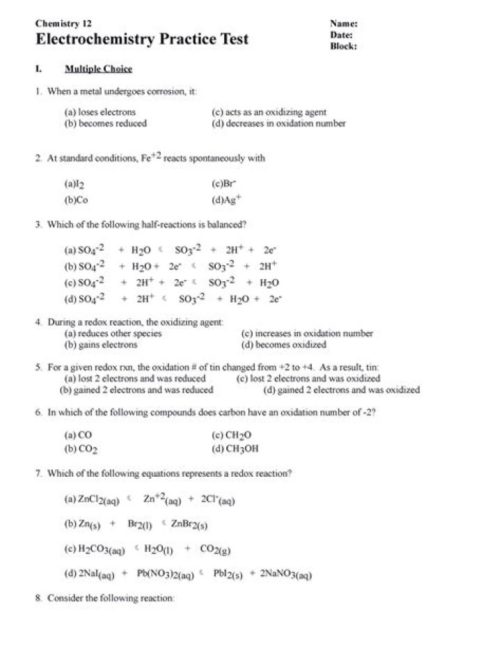Electrochemistry Practice Test with Answers PDF – Instant Download