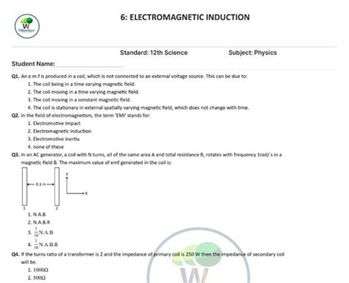Electromagnetic Induction MULTIPLE CHOICE Questions with Answers PDF