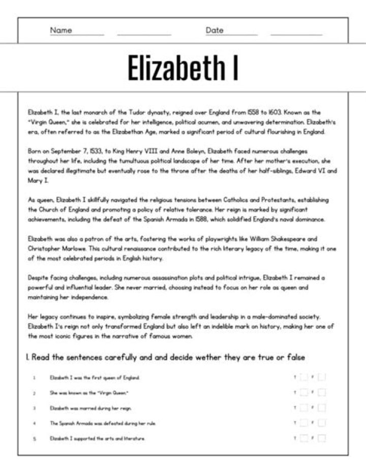 Elizabeth I Worksheet PDF: History Lesson & Analysis for Students