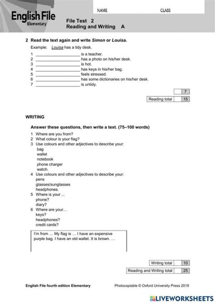 English File Elementary 4th Edition Tests PDF for Practice