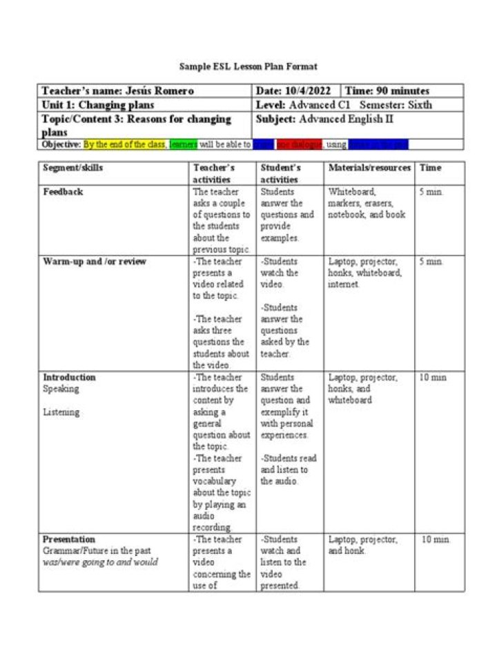 Free English Lesson Plan Sample PDF for Teachers