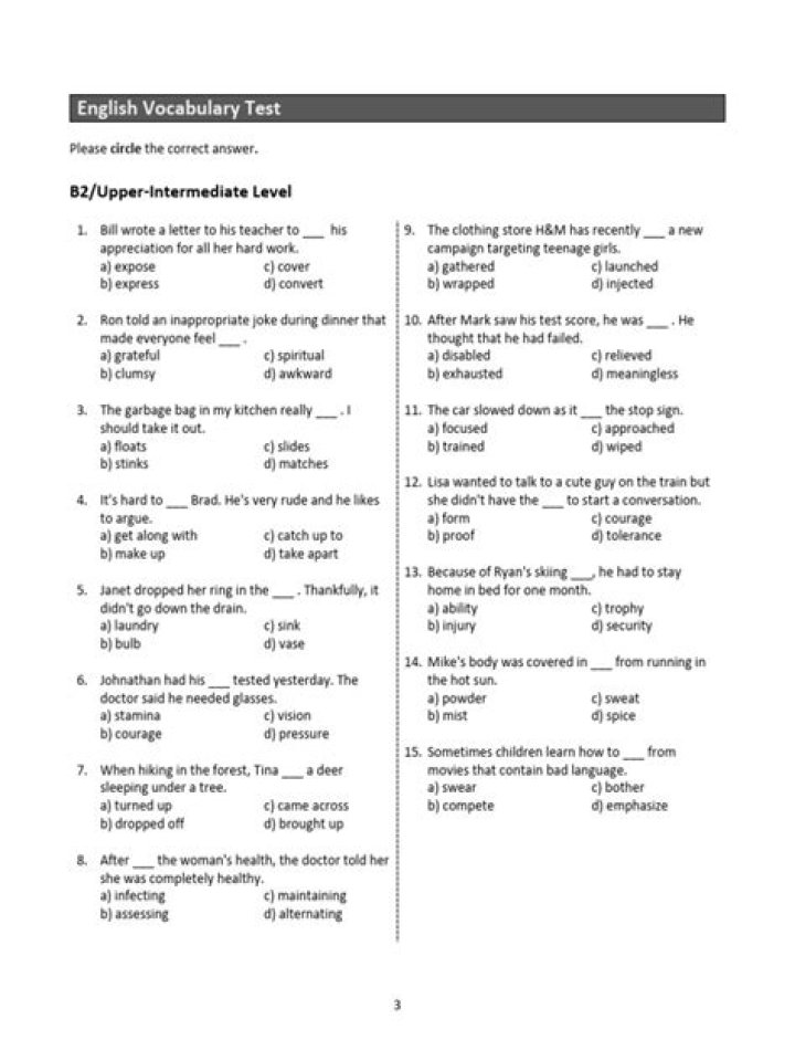English Vocabulary Test with Answers PDF for Quick Practice