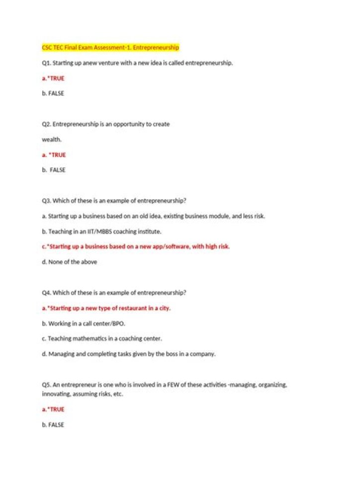 Entrepreneurship Exam Questions & Answers PDF with Full Answers