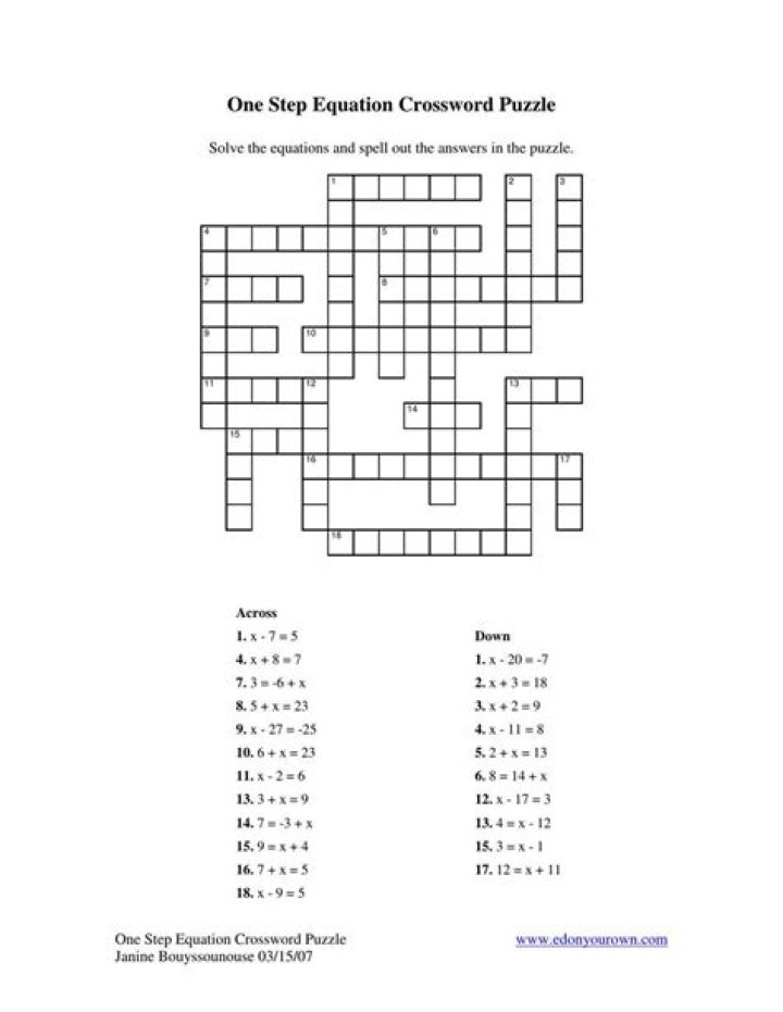 Equation Crossword Puzzle Answer Key PDF Download