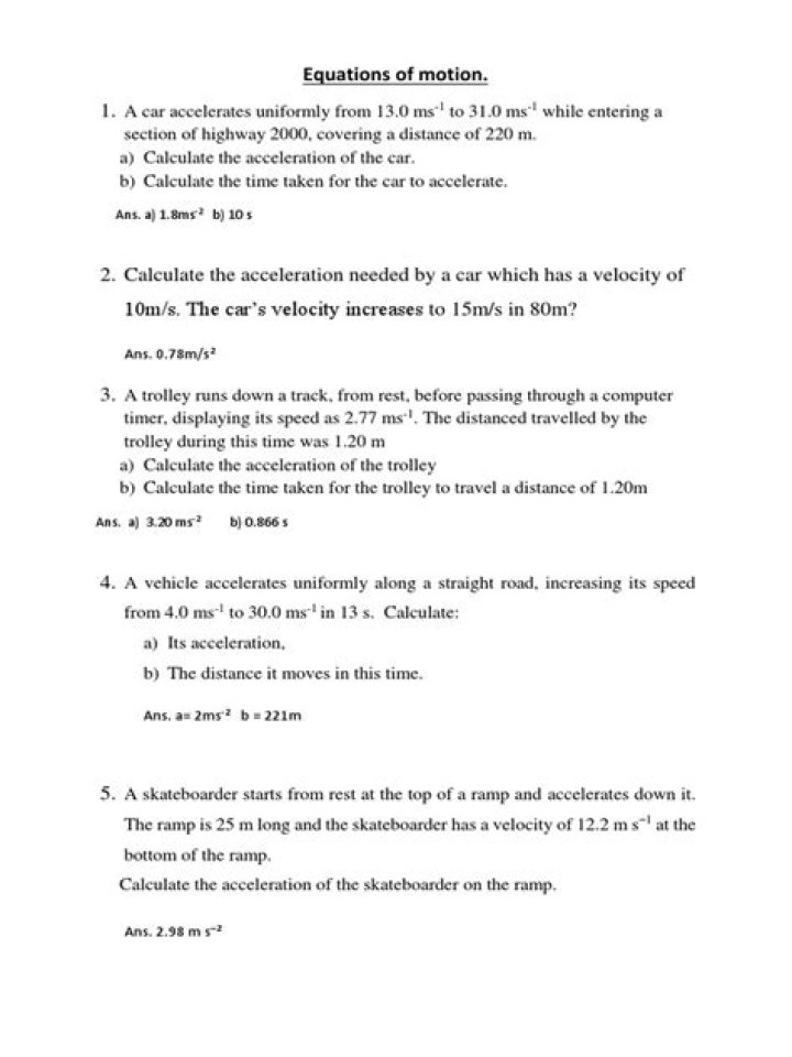 Equations of Motion Worksheet PDF for Physics Students