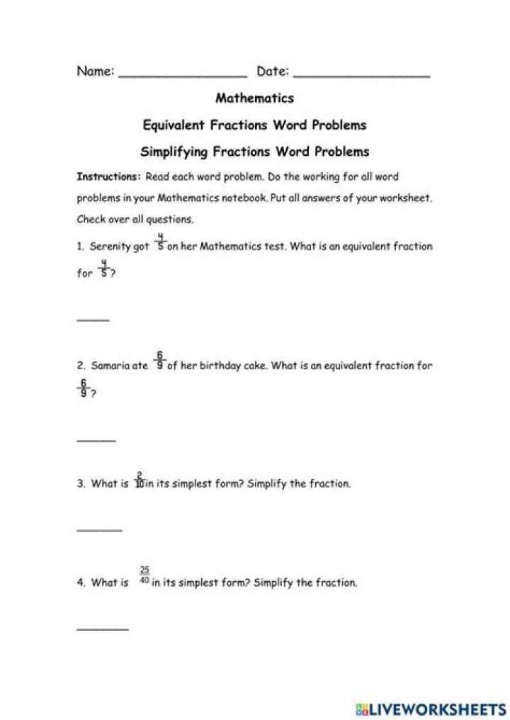 Equivalent Fractions Word Problems Worksheet PDF for Grade 3