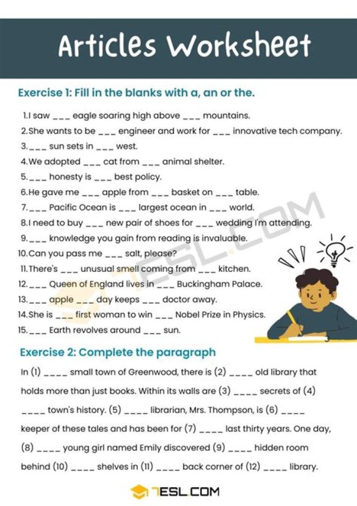 Free ESL Articles Worksheet PDF for Classroom Use