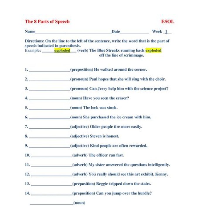 Free ESL Parts of Speech Worksheets PDF for ESL Teachers