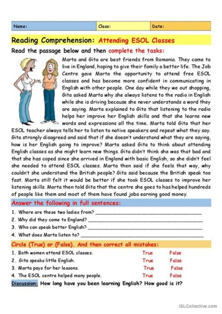 Intermediate ESL Reading Comprehension Worksheets PDF