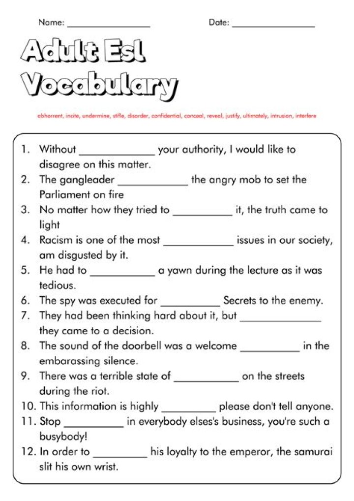 ESL Vocabulary Worksheets for Adults PDF – Free Printable Resources