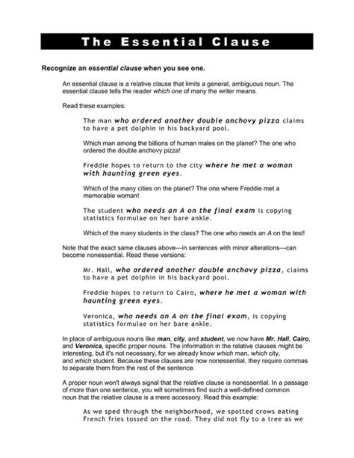 Essential and Nonessential Clauses Worksheet with Answers PDF – Learn Key Grammar Concepts