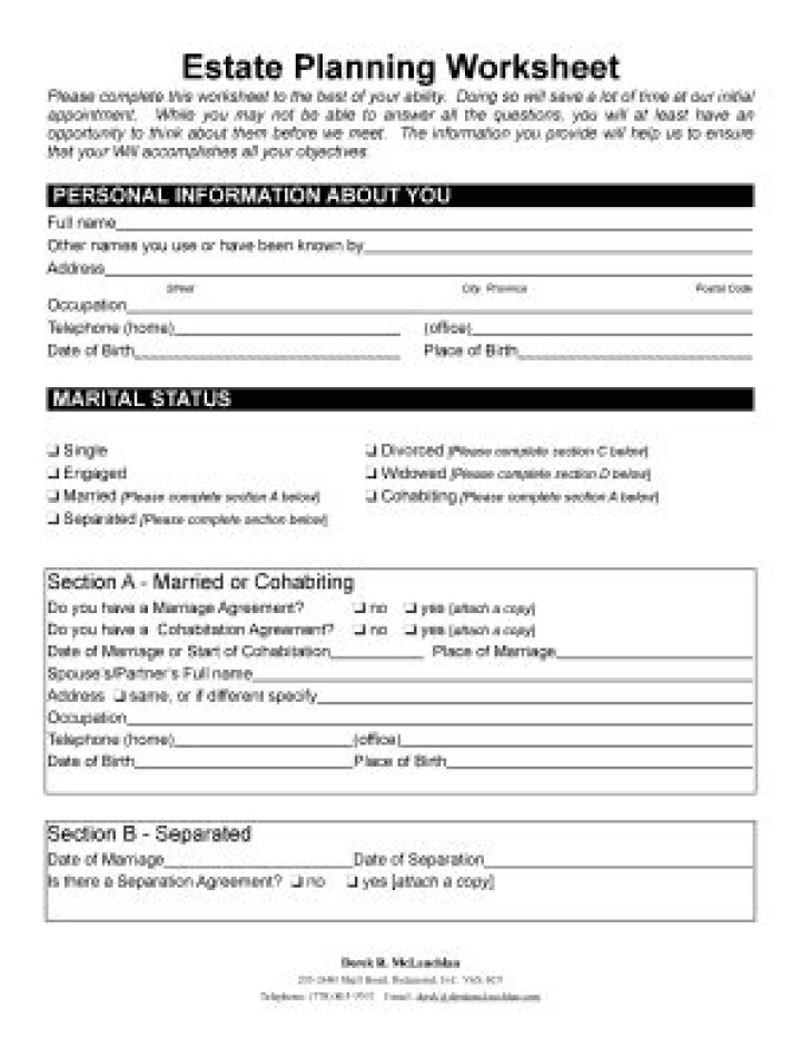 Estate Planning Worksheet PDF Free Download for Complete Financial Control