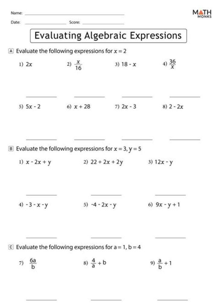 Evaluating Expressions Worksheet for 7th Grade PDF – Practice & Master Math