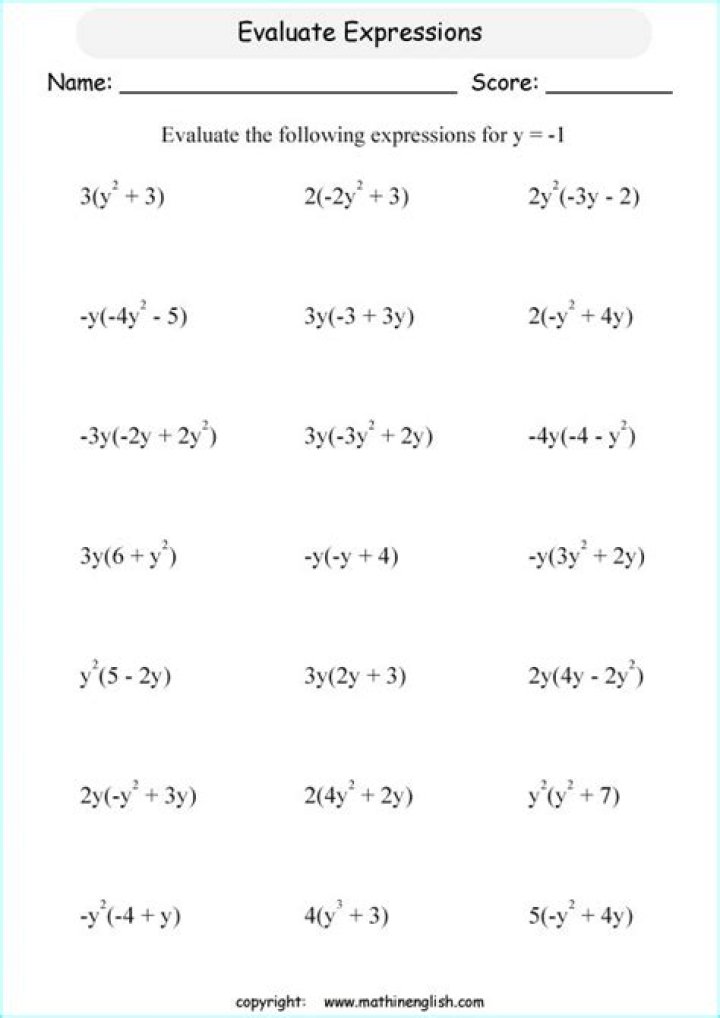 Free Evaluating Expressions Worksheet PDF for Math Practice