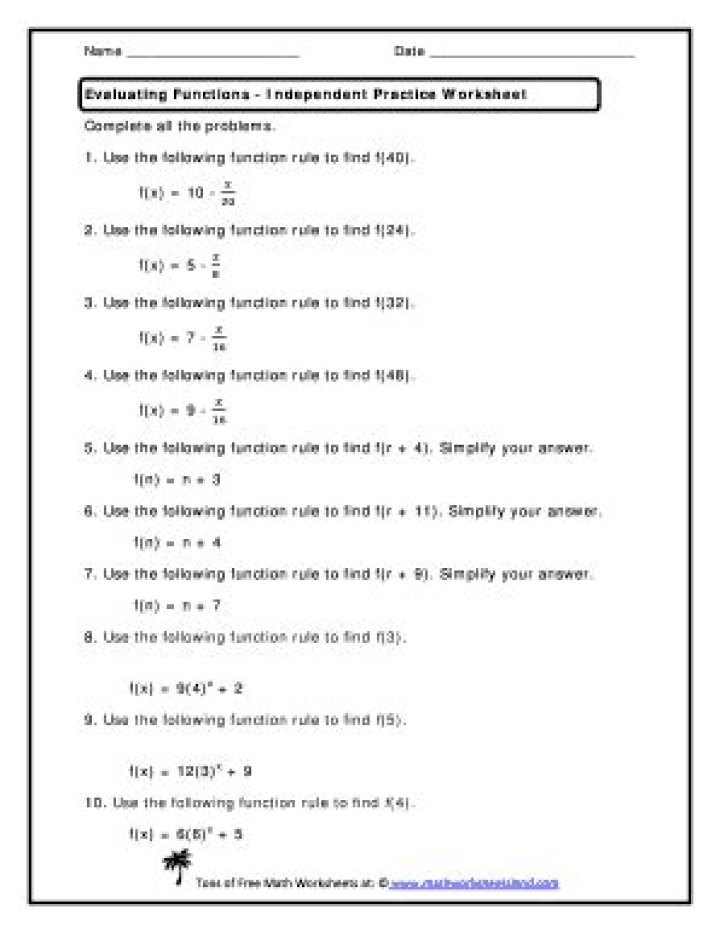 Evaluate Functions with Word Problem Worksheets PDF