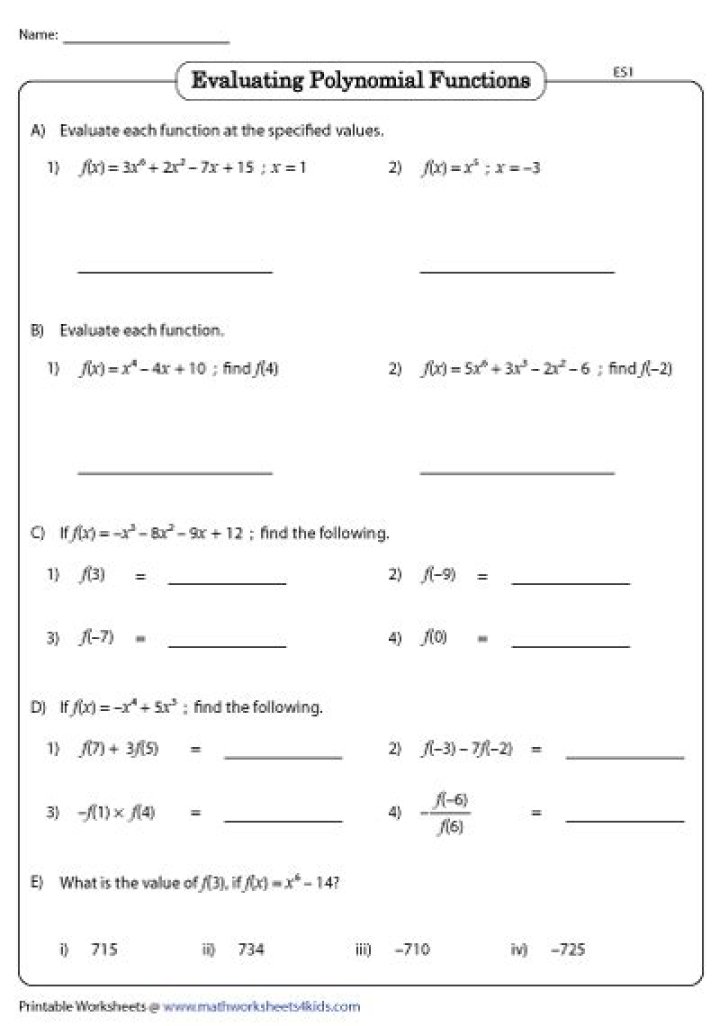 Free Evaluating Polynomial Functions Worksheet PDF – Instant Download