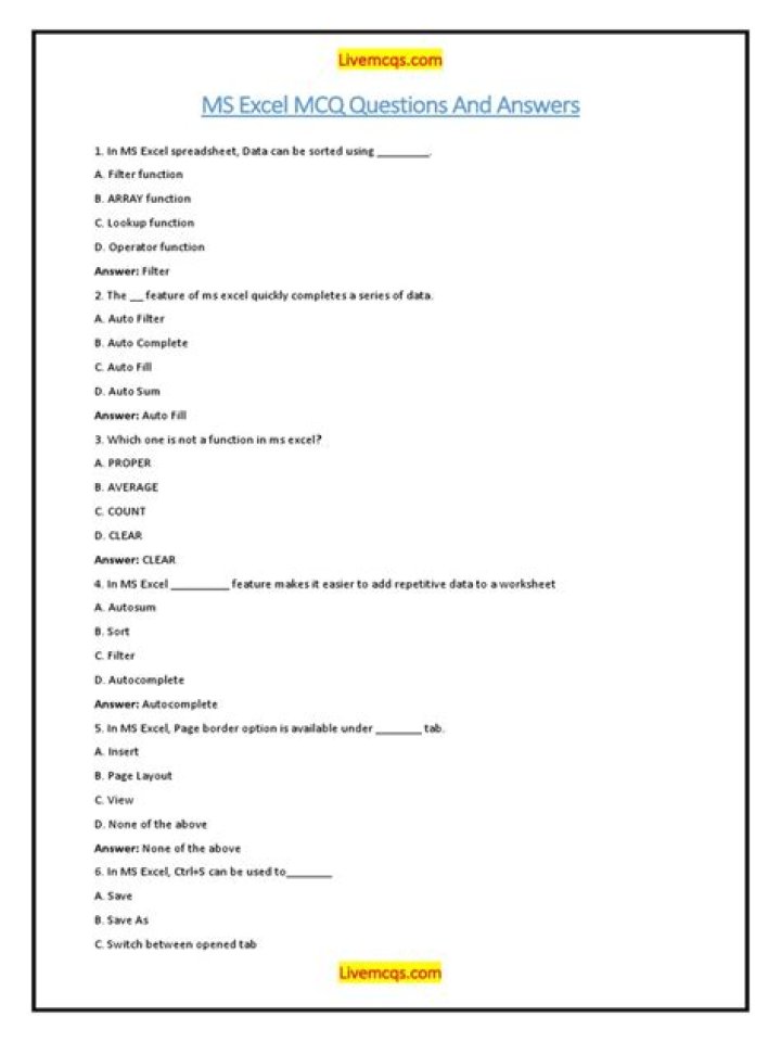 Excel MCQ Questions & Answers PDF: Master Excel with Practice Tests