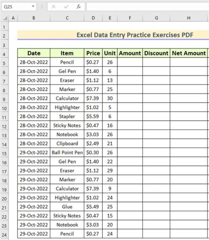 Download Excel Worksheet for Practice PDF