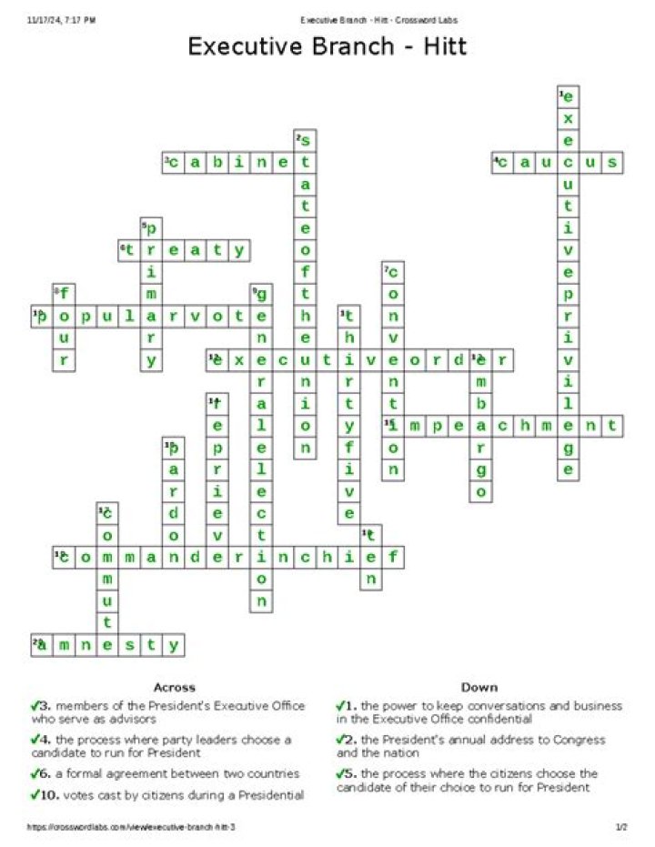 Executive Branch Crossword Puzzle Answer Key PDF Download