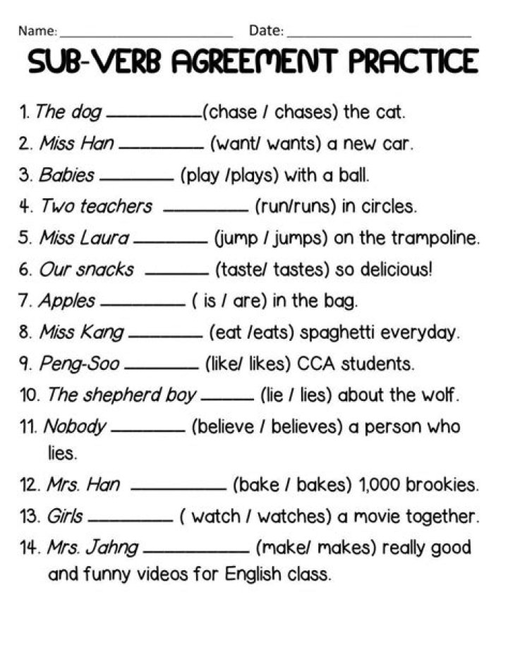 Exercises on Subject Verb Agreement with Answers PDF for Instant Practice