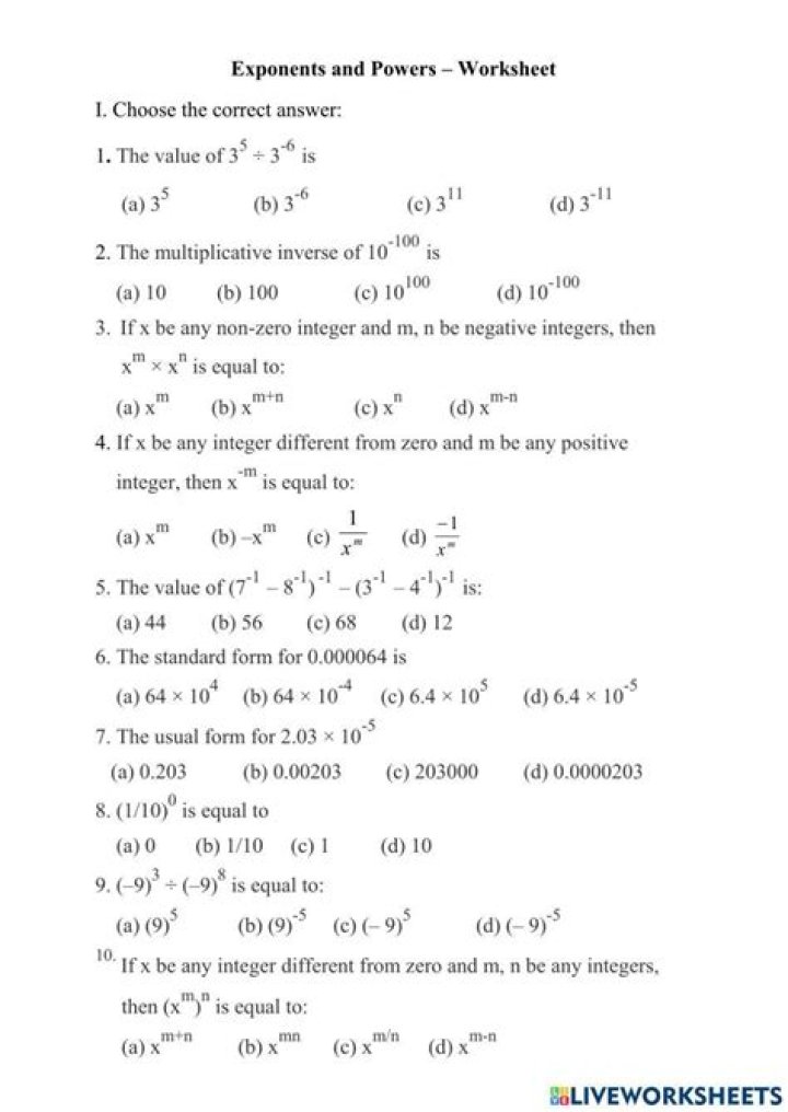 Exponents and Powers Class 8 Worksheet PDF for Practice
