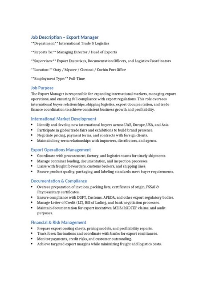 Export Manager Job Description PDF: Full Guide & Requirements