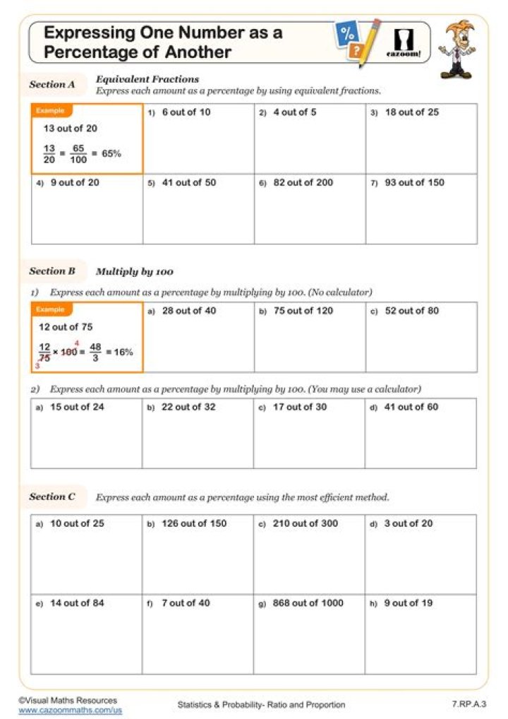 How to Express One Quantity as a Percentage of Another in Worksheet PDFs