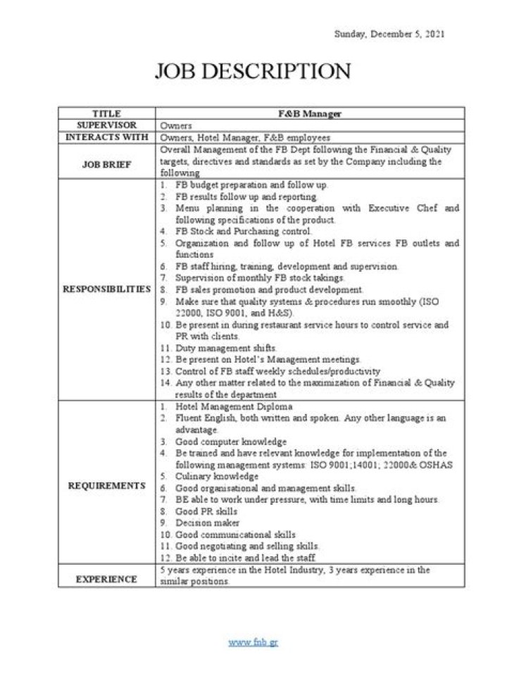 F&B Manager Job Description PDF: Full Career Guide