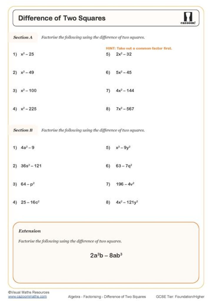 Factoring Difference of Two Squares: Examples with Step-by-Step Answers PDF