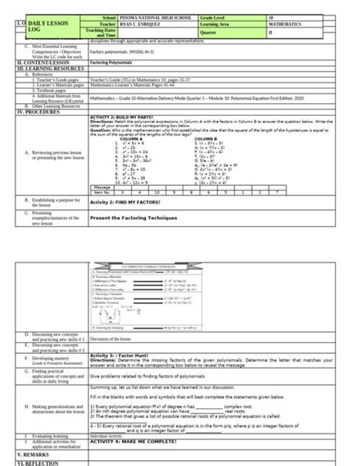 Free Factoring Polynomials Lesson Plan PDF for Teachers